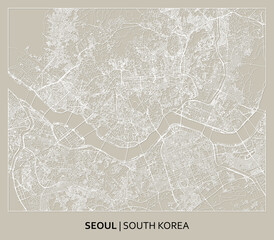 Seoul (South Korea) street map outline for poster, paper cutting. High printable detail travel map vector.