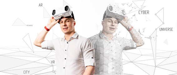 A man in a helmet in virtual reality goes into the metaverse and turns into a digital copy....