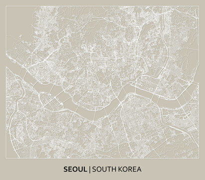 Seoul (South Korea) street map outline for poster, paper cutting. High printable detail travel map vector.