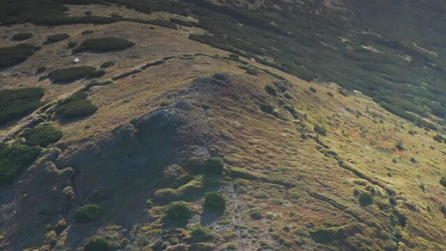 Gadzhina tract with the trenches of the First World War, a view from the drone of a copter. Defensive position at the top of the mountain. Steep slopes of Montenegro Carpathians in Ukraine