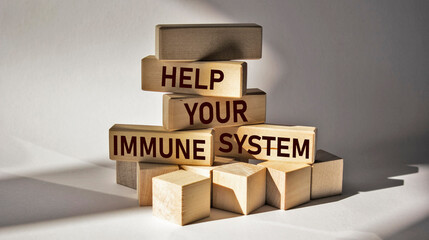HELP YOUR IMMUNE SYSTEM written on wooden cubes on medical background.