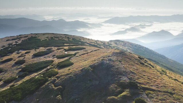 Gadzhina tract with the trenches of the First World War, a view from the drone of a copter. Defensive position at the top of the mountain. Steep slopes of Montenegro Carpathians in Ukraine
