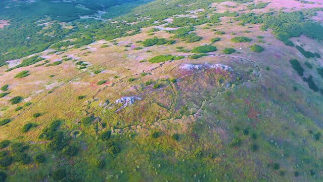 Gadzhina tract with the trenches of the First World War, a view from the drone of a copter. Defensive position at the top of the mountain. Steep slopes of Montenegro Carpathians in Ukraine