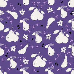 Pattern of pears and flowers, seamless pattern white. Vector print. Trendy purple color