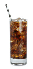 Glass of cola with ice cubes and straw isolated on white. Refreshing soda water