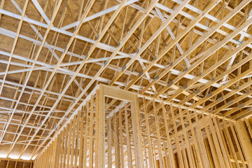 New construction of framed a building with rafters roof beams