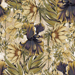 Fototapety  Pattern with flowers and leaves on a beige grunge background. Design for wallpaper, photo wallpaper, mural, card, postcard.  