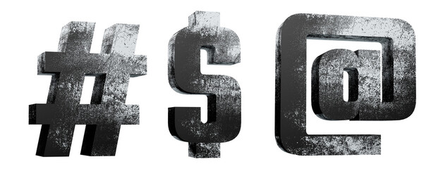 Dirty alphabet. Hashtag, dolar sign, arroba. White letters smeared with mud. 3D render. White background.