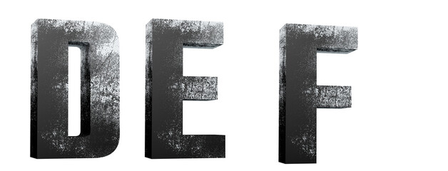 Dirty alphabet. D, E, F. White letters smeared with mud. 3D render. White background.