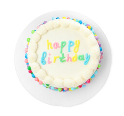 Cute bento cake with tasty cream isolated on white, top view