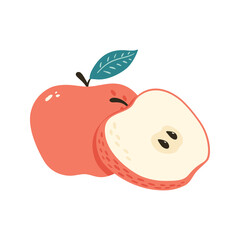 Fresh Sweet Red Apple with Leaf isolated vector illustration. One whole fruit and a half with seeds. Cartoon style