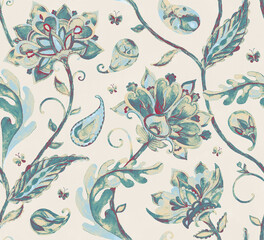 Paisley watercolor floral pattern. Jacobean floral tile: flowers, flores leaves. Oriental indian traditional hand painted water color whimsical seamless print design. Abstract india batik background