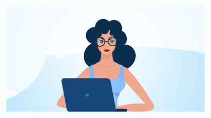 Girl working behind a laptop. Education or work concept. Vector illustration in a flat style.