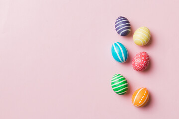 holiday preparation Multi colors Easter eggs on colored background . Pastel color Easter eggs. holiday concept with copy space