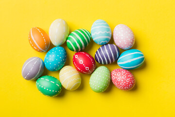 holiday preparation Multi colors Easter eggs on colored background . Pastel color Easter eggs. holiday concept with copy space
