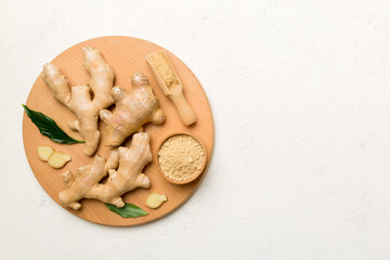 ginger on Cutting board table, top view. Space for text