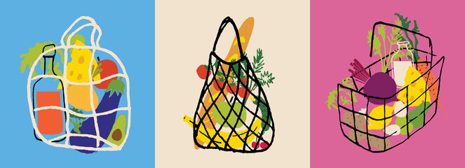 Hand drawn grocery bag set on colored backgrounds. Vector illustration