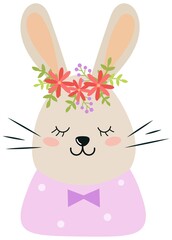 Cute, flat rabbit. Muzzle of a cartoon bunny in a wreath. Funny character lowers his eyes shyly. Icon, sticker for kids app, game, book, print, postcard, t-shirt design, party invitation. Vector.