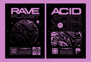 Abstract rave poster or flyer design template with abstract pink liquid acid textures and elements on black background. Vector illustration