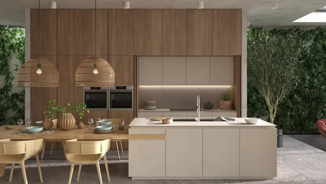 HD video Boho scandinavian interior design kitchen room with island, dining table and green wall plants. 3d render illustration. Animation scene.