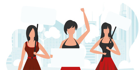 A group of girls are protesting. Banner in blue tones. Vector illustration in a flat style.