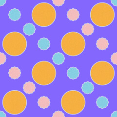 Seamless diagonal pattern of yellow circles, pink and blue abstract flowers on a light purple background for textile.