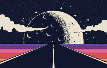 Road trip or road journey concept illustration with straight highway stretching beyond the horizon and giant Moon on background. Vintage retro styled vector illustration