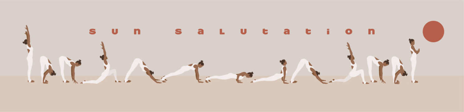 Sun Salutation or Surya Namaskar morning yoga exercises complex process illustration with girl doing practice step by step. Pastel colored vector illustration