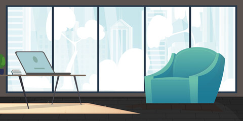 A room with upholstered furniture and a large panoramic window. Cute illustration in flat style.
