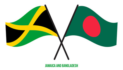 Jamaica and Bangladesh Flags Crossed And Waving Flat Style. Official Proportion. Correct Colors.