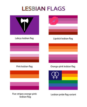 Different lesbian flags used in gay pride celebrations. Evolution of the lesbian flag. Vectors of the different lesbian flags