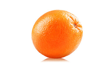 Photo of closeup isolated juicy fruit orange with reflection isolated on white background