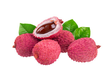 Lychee fruit with leaves isolated on white background. Tropical exotic fresh ripe fruit. Litchi chinensis. Clipping path.