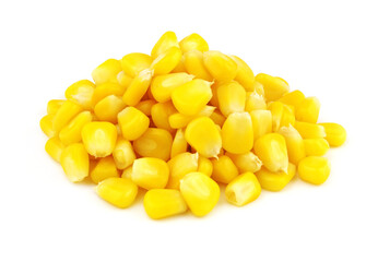 Heap of yellow sweet corn seeds isolated on white background close up