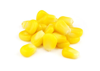Heap of yellow sweet corn seeds isolated on white background 