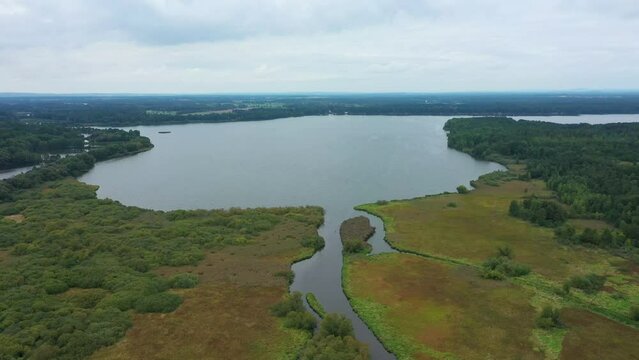 Pond Rozmberk biosphere Trebonsko UNESCO reserve protected landscape area wetlands fishpond system fish fishing Czech largest biggest meadows Trebon, drone aerial video shot ecosystem weather