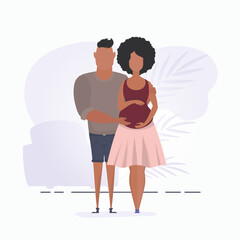 A man hugs a pregnant woman. Banner on the theme Young family is waiting for the birth of a child. Positive and conscious pregnancy. Vector illustration in a flat style.