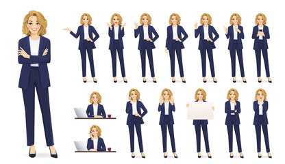 Elegant beautiful business woman in different poses set. Various gestures female character standing and sitting at the desk isolated vector illustration