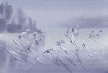 Landscape in grey by the lake watercolor background