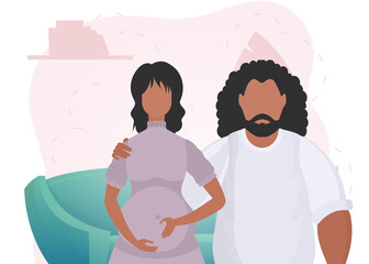 Man and pregnant woman. A poster on the theme of a child's steam jet. Positive and conscious pregnancy. Vector illustration.