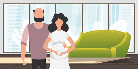 Man and pregnant woman. A poster on the theme of a child's steam jet. Positive and conscious pregnancy. Vector in cartoon style.