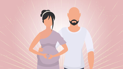 Obraz premium Pregnant woman with her husband. Banner on the theme Young family is waiting for the birth of a child. Happy pregnancy. Vector illustration.