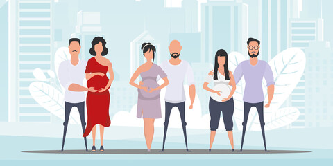 Healthy pregnancy. A group of families who are going through pregnancy. Couple jet baby. Vector illustration.