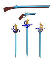 Collection of antique swords with a figured handle and muskets and pistols of the 17th century.  Vector stylized illustration in a hand-drawn style.