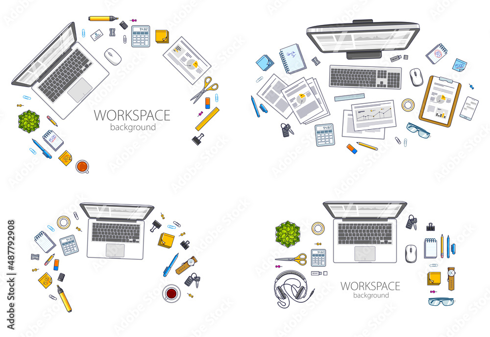 Poster work desks workspaces top view with pc or laptops and a lot of different stationery objects and anal
