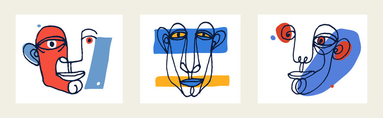 Abstract man face vector artwork set, modern trendy portrait art, hand drawn surreal beauty, minimal artistic design, painted sur human head.
