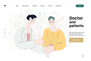 Doctor and patients -medical insurance web template - modern flat vector concept digital illustration. A female doctor is talking to a female patient, showing her the test result in the medical office