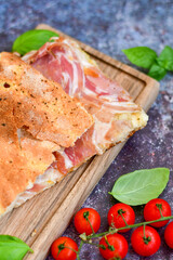   Italian  Focaccia with crispy crust  and  prosciutto . Full 72 hour pizza dough   fermentation   method. Roman style pizza alla pinsa  