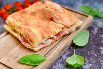   Italian  Focaccia with crispy crust  and  prosciutto . Full 72 hour pizza dough   fermentation   method. Roman style pizza alla pinsa  