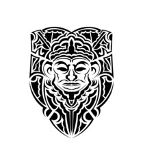 Tribal mask. Monochrome ethnic patterns. Black tattoo in the style of the ancient tribes. Isolated. Vector illustration.